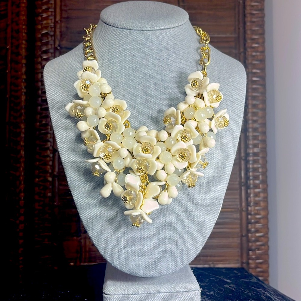 Talbots Floral Beaded Cluster Necklace in Creamy White and Gold - Picture 9 of 9